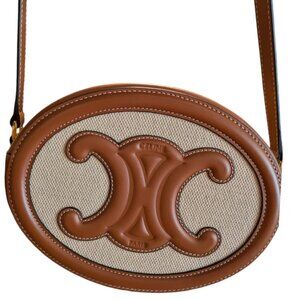 Celine Crossbody Oval Purse Cuir Triomphe in Textile and Calfskin Natural / Tan
